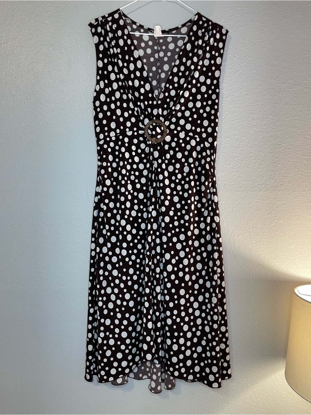 Angel Black and White Polka Dot V-Neck Midi Dress with Ring Detail